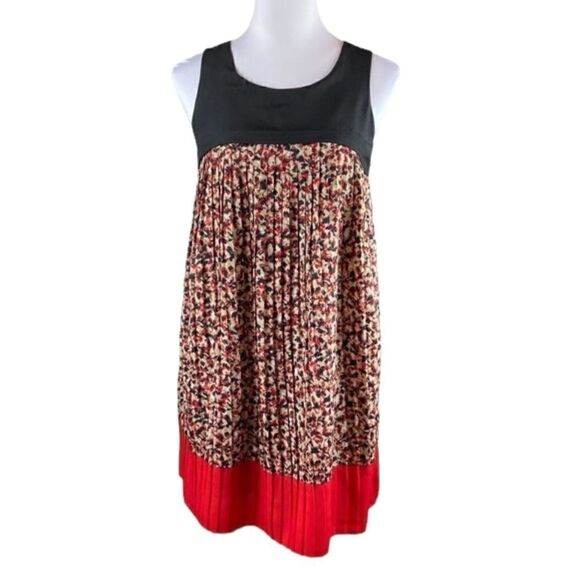 Loft Black, Tan, And Red Sleeveless Pleated Swing Dress, Size 2 - Picture 1 of 8